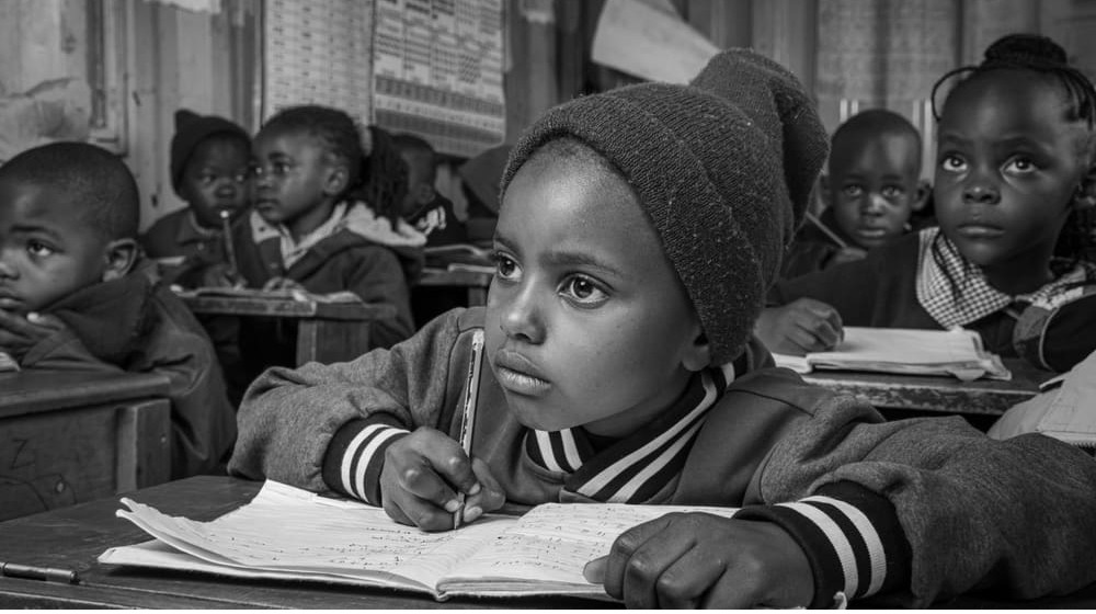 A learner concentrating while writing in her notebook during class